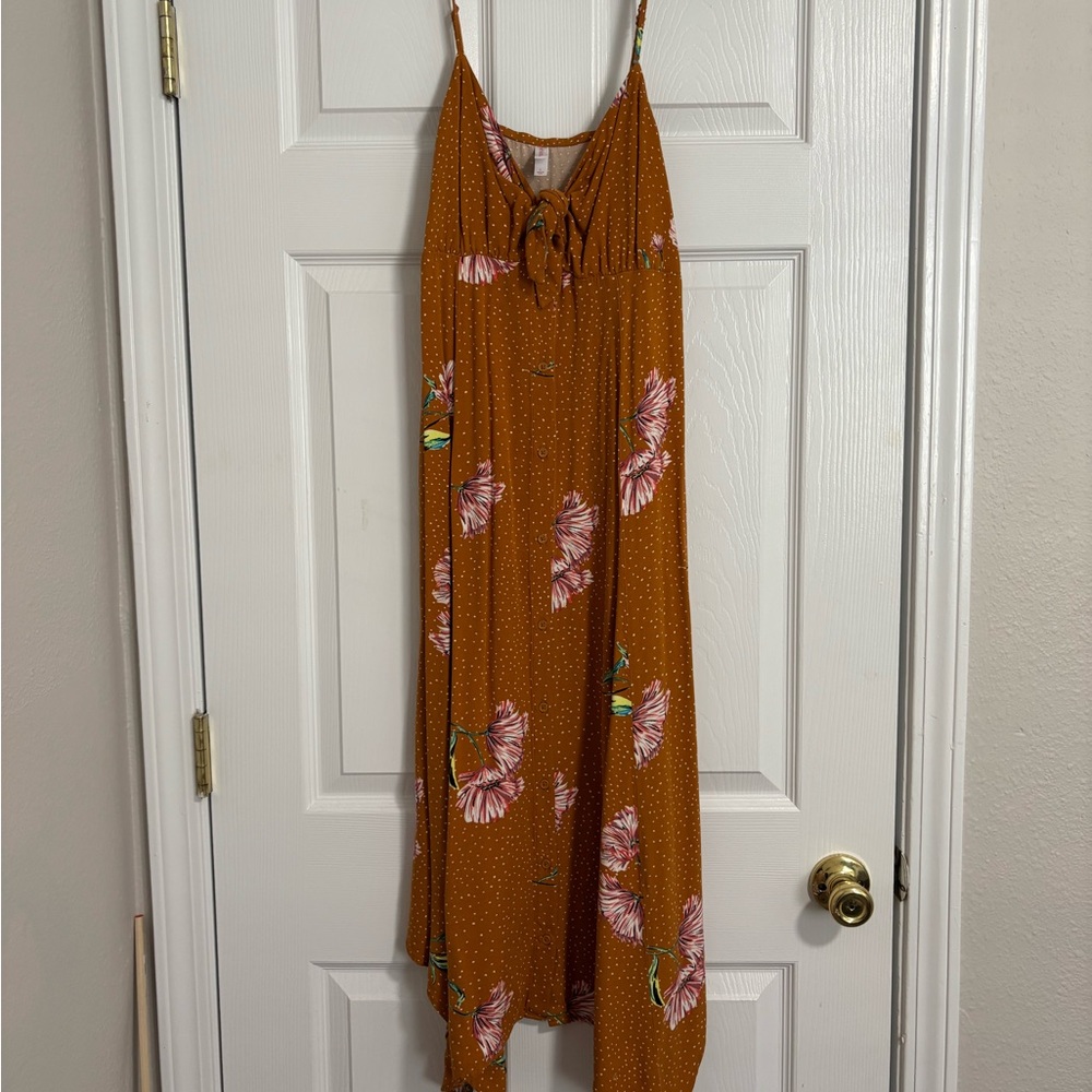 orange patterned midi dress with front tie detail